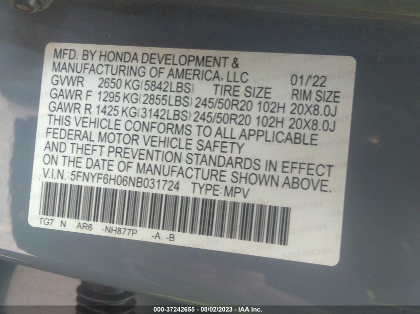 2022 HONDA PILOT ELITE - 5FNYF6H06NB031724