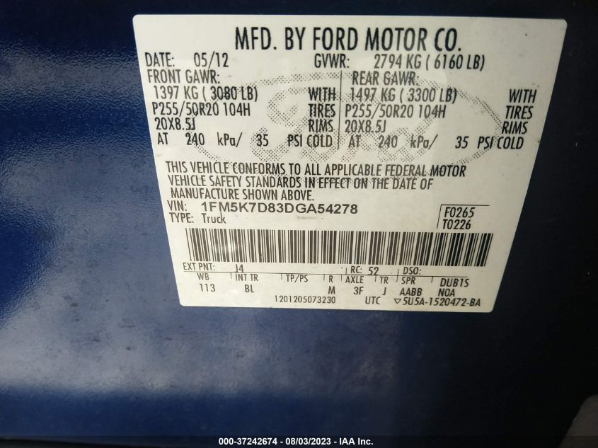 2013 FORD EXPLORER XLT - 1FM5K7D83DGA54278