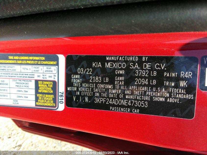 2022 KIA FORTE LXS - 3KPF24AD0NE473053