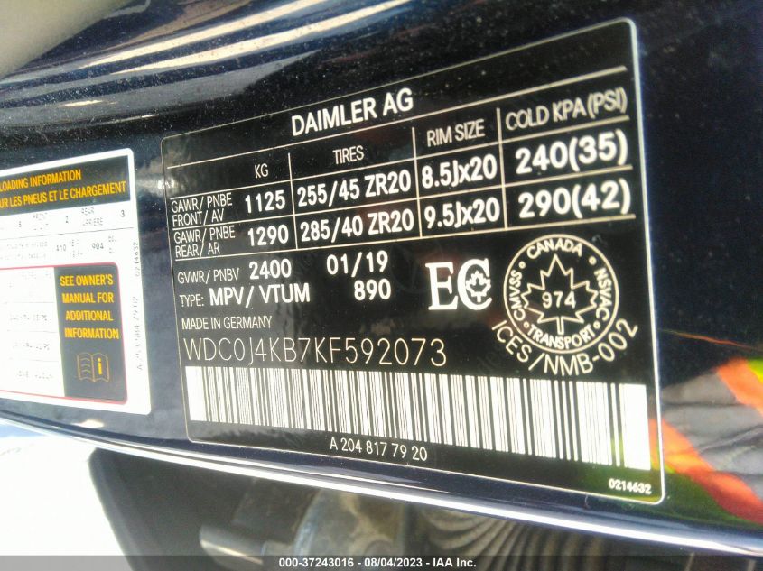 2019 MERCEDES-BENZ GLC GLC 300 - WDC0J4KB7KF592073