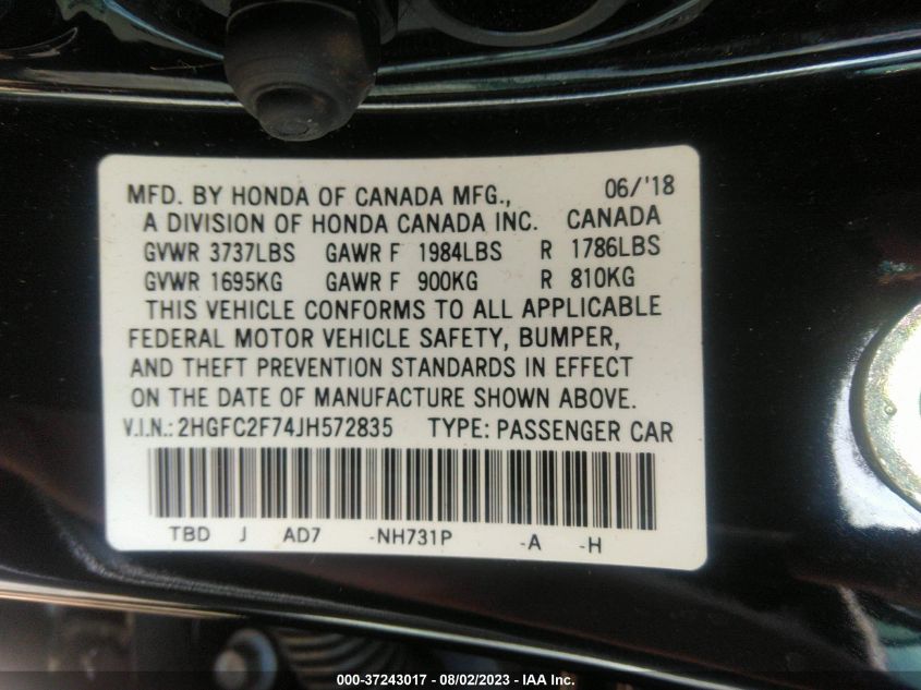 2018 HONDA CIVIC SEDAN EX - 2HGFC2F74JH572835