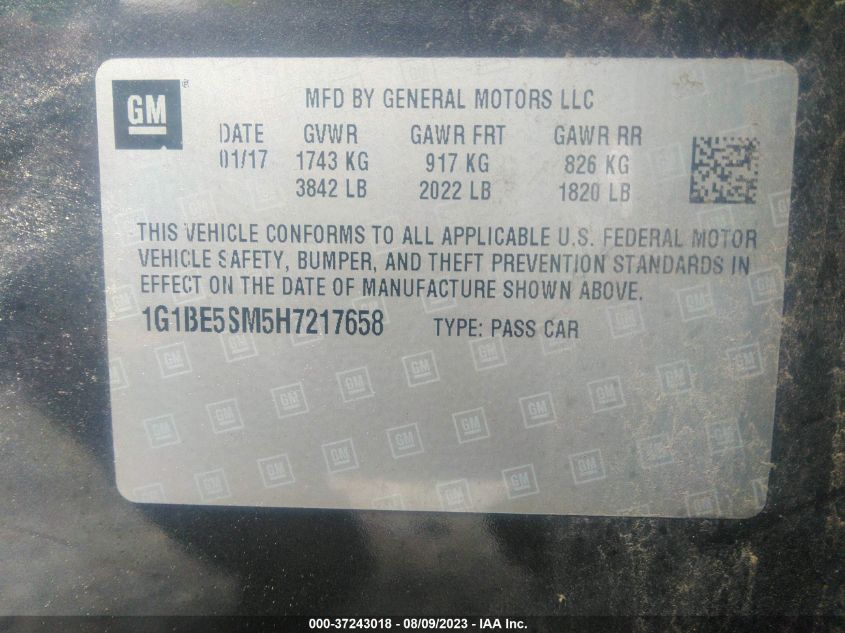 2017 CHEVROLET CRUZE LT - 1G1BE5SM5H7217658