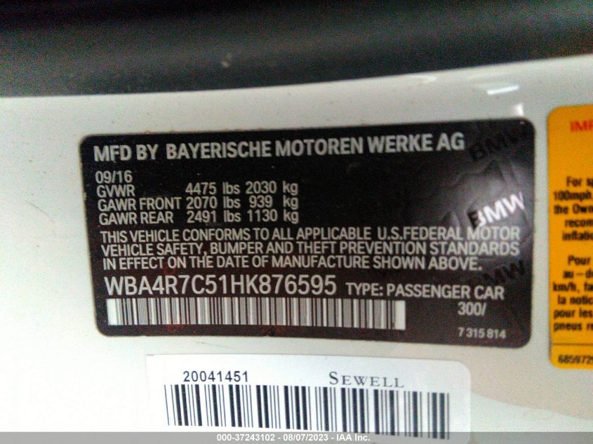 2017 BMW 4 SERIES 430I - WBA4R7C51HK876595