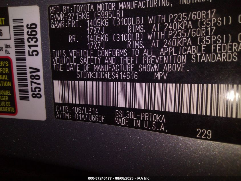 2014 TOYOTA SIENNA XLE/XLE AAS/LTD - 5TDYK3DC4ES414616