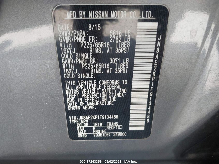 2015 NISSAN QUEST S/SV/SL/PLATINUM - JN8AE2KP1F9134486