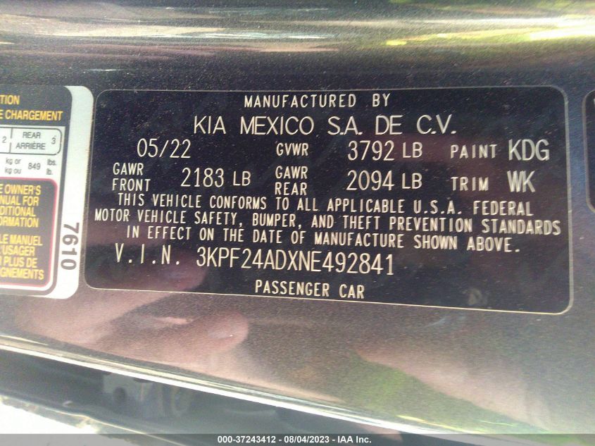 2022 KIA FORTE LXS - 3KPF24ADXNE492841