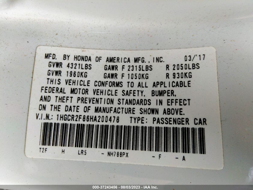 2017 HONDA ACCORD SEDAN EX-L - 1HGCR2F86HA200478