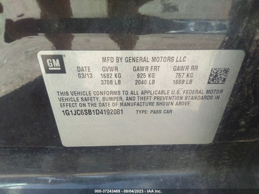 2013 CHEVROLET SONIC LT - 1G1JC6SB1D4192081