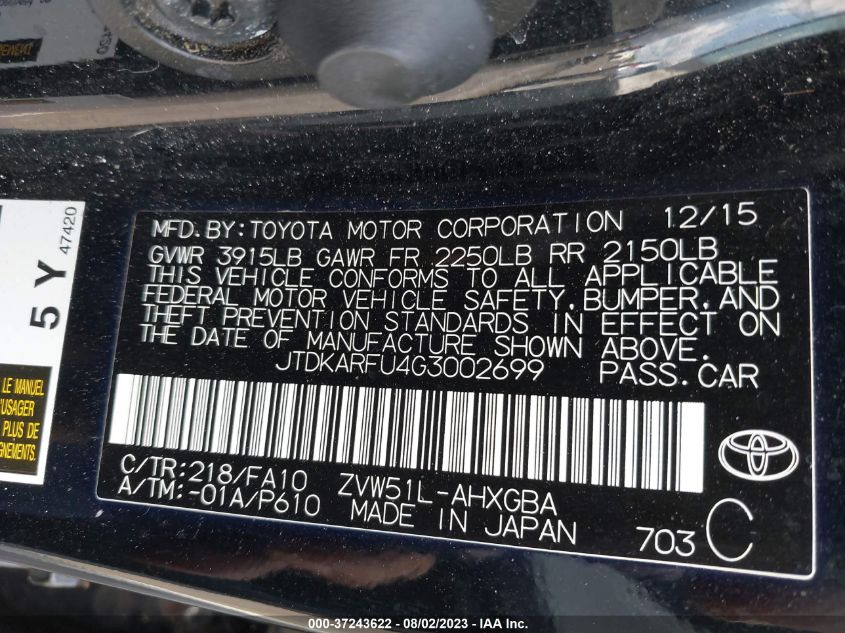2016 TOYOTA PRIUS FOUR - JTDKARFU4G3002699