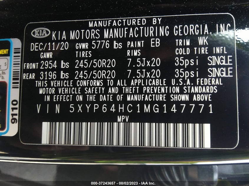 VIN 5XYP64HC1MG147771 2021 KIA TELLURIDE S
