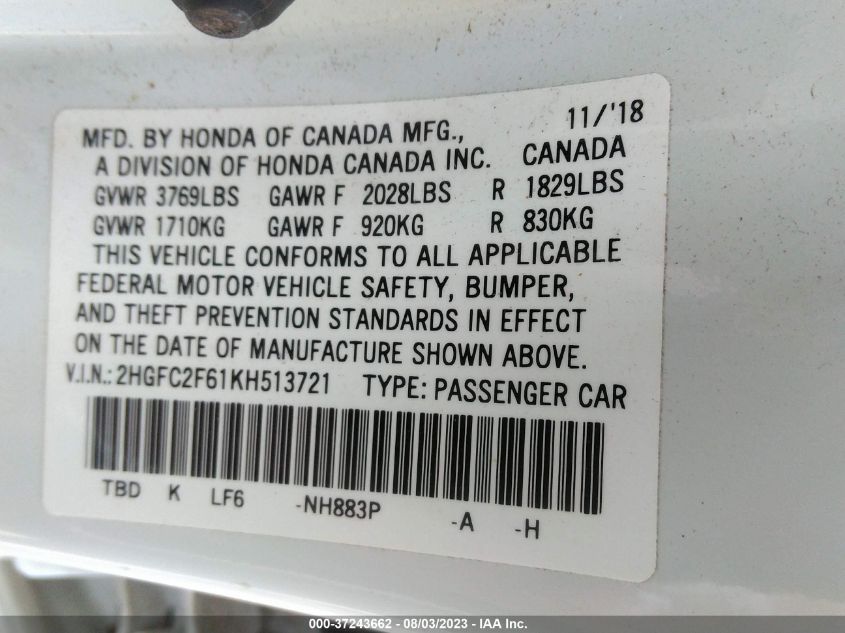 2019 HONDA CIVIC SEDAN LX - 2HGFC2F61KH513721