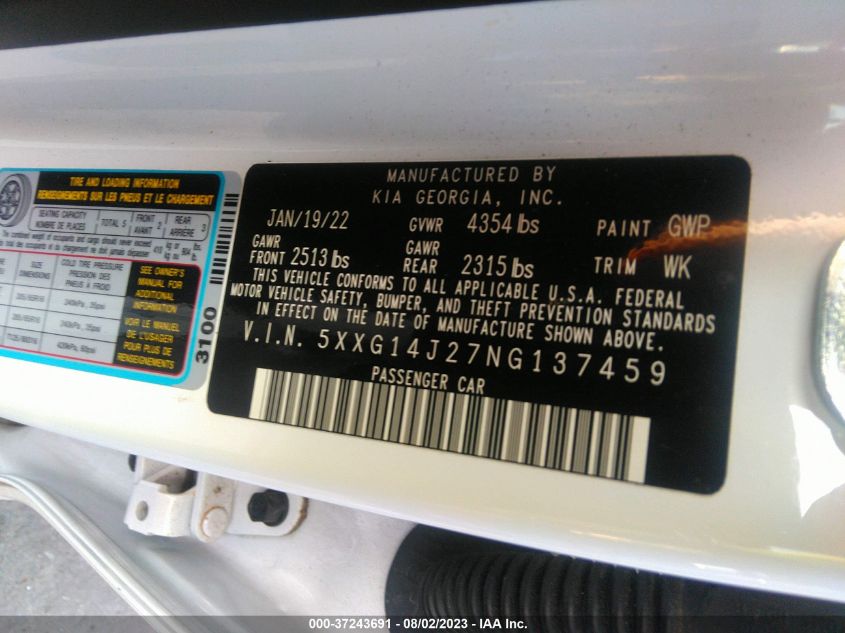 2022 KIA K5 LXS - 5XXG14J27NG137459