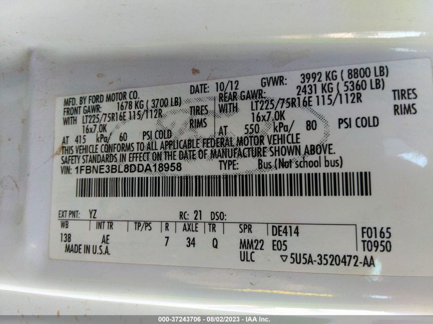 2013 FORD ECONOLINE WAGON XL/XLT - 1FBNE3BL8DDA18958