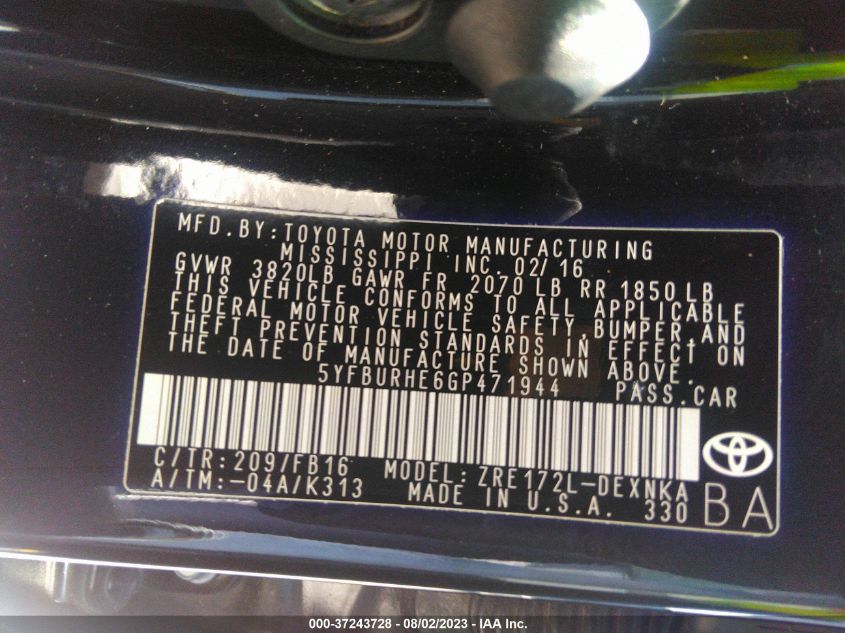2016 TOYOTA COROLLA L/LE/S/S PLUS/LE PLUS - 5YFBURHE6GP471944