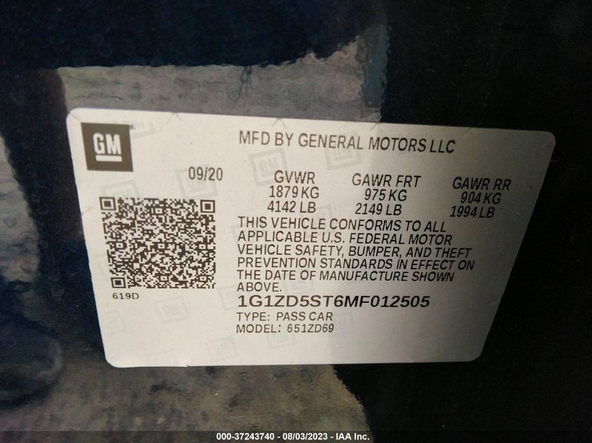 2021 CHEVROLET MALIBU LT - 1G1ZD5ST6MF012505