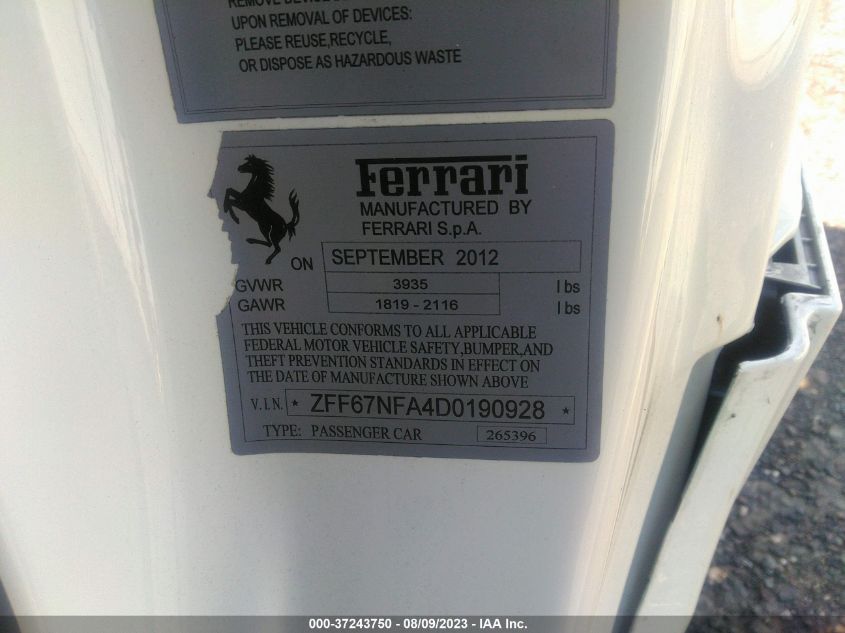 2013 FERRARI 458 ITALIA ZFF67NFA4D0190928