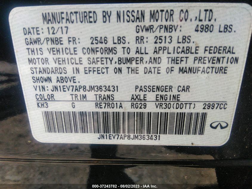 2018 INFINITI Q50 3.0T SPORT - JN1EV7AP8JM363431