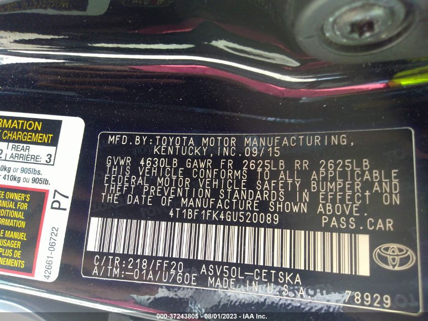 2016 TOYOTA CAMRY XLE/SE/LE/XSE - 4T1BF1FK4GU520089