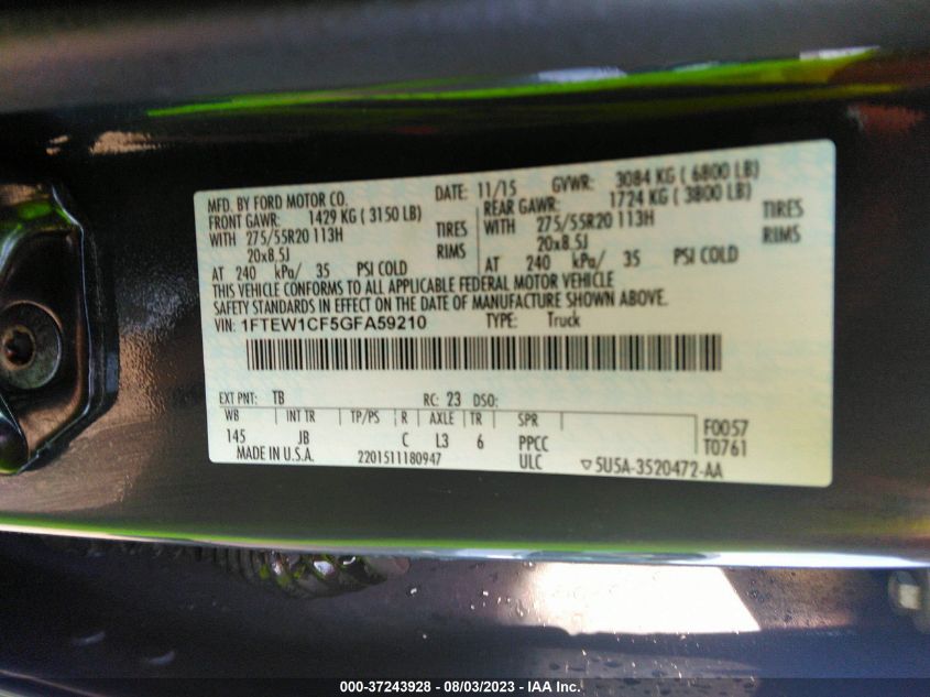 2016 FORD F-150 XL/LARIAT - 1FTEW1CF5GFA59210