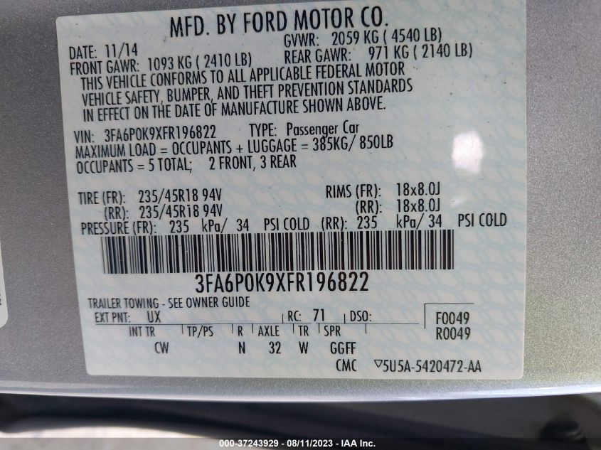 2015 FORD FUSION TITANIUM - 3FA6P0K9XFR196822