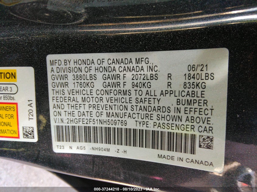 VIN 2HGFE2F51NH509769 2022 HONDA CIVIC SEDAN SPORT