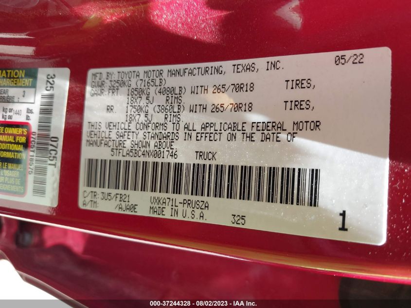 2022 TOYOTA TUNDRA 2WD SR5 5TFLA5BC4NX001746
