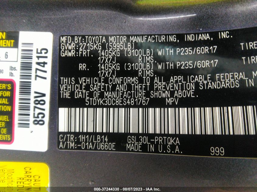 2014 TOYOTA SIENNA XLE/XLE AAS/LTD - 5TDYK3DC8ES481767