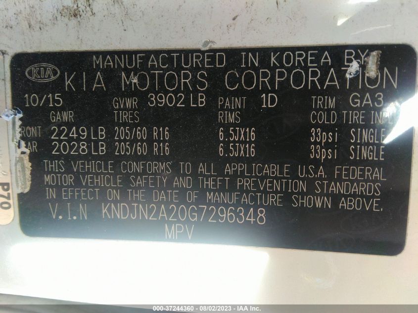 2016 KIA SOUL BASE - KNDJN2A20G7296348