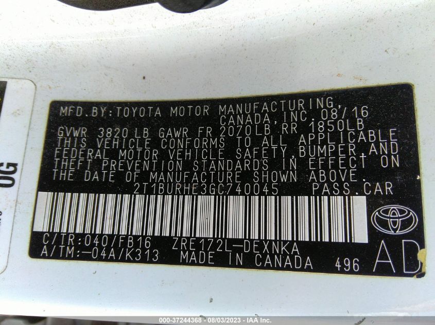 2016 TOYOTA COROLLA L/LE/LE PLS/PRM/S/S PLS - 2T1BURHE3GC740045