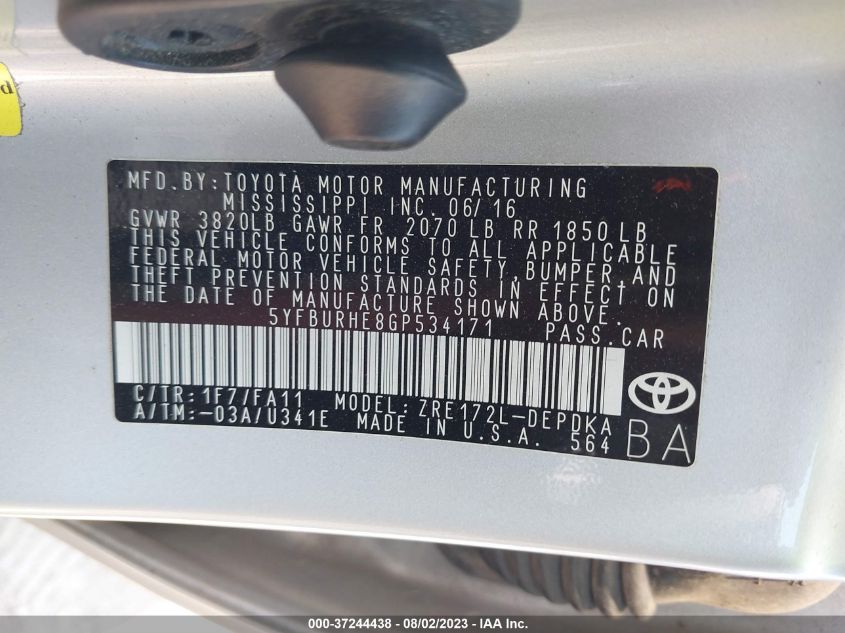 2016 TOYOTA COROLLA L/LE/S/S PLUS/LE PLUS - 5YFBURHE8GP534171