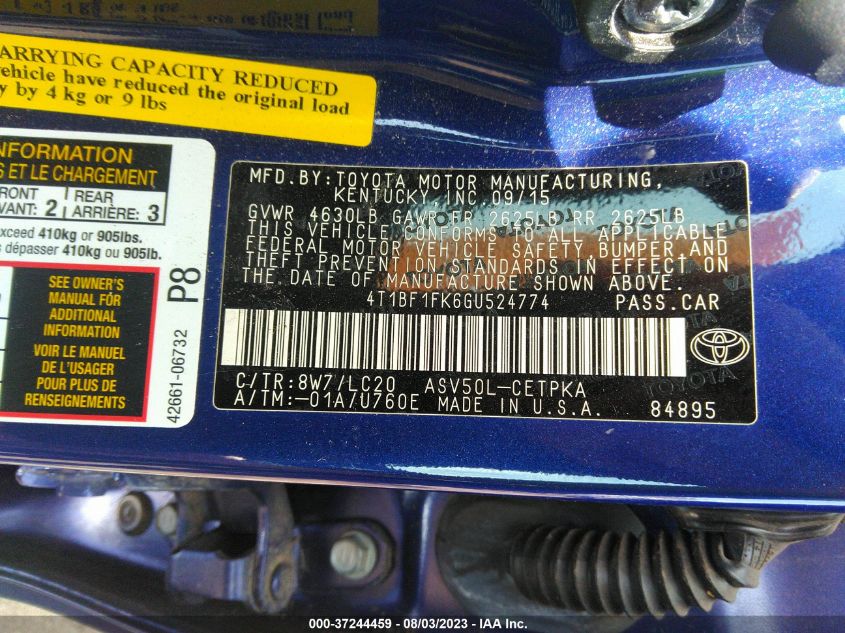 2016 TOYOTA CAMRY XLE/SE/LE/XSE - 4T1BF1FK6GU524774