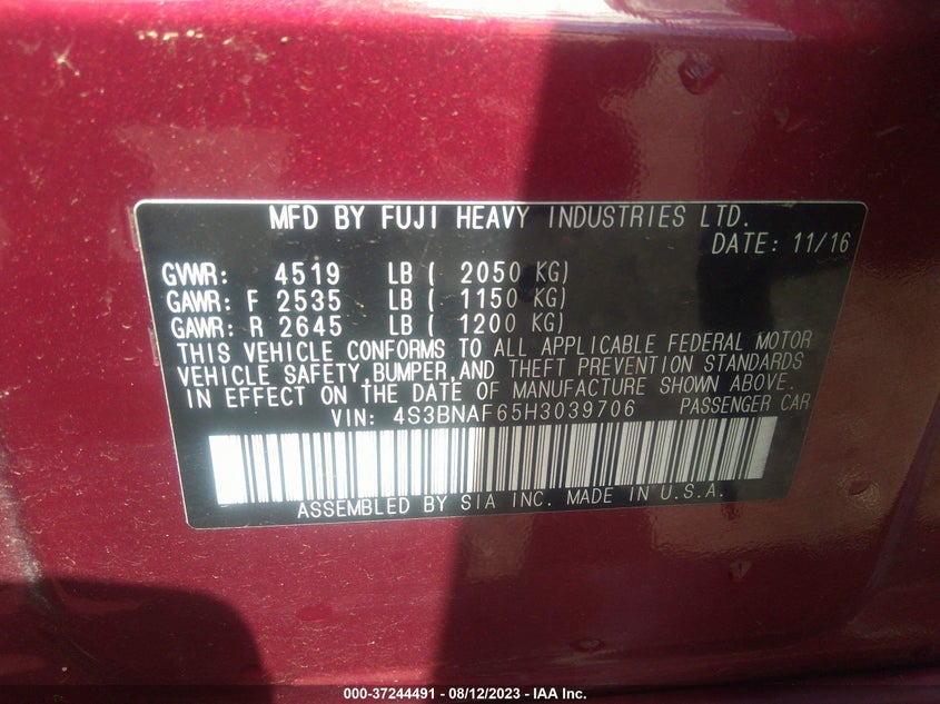VIN 4S3BNAF65H3039706 2017 SUBARU LEGACY PREMIUM