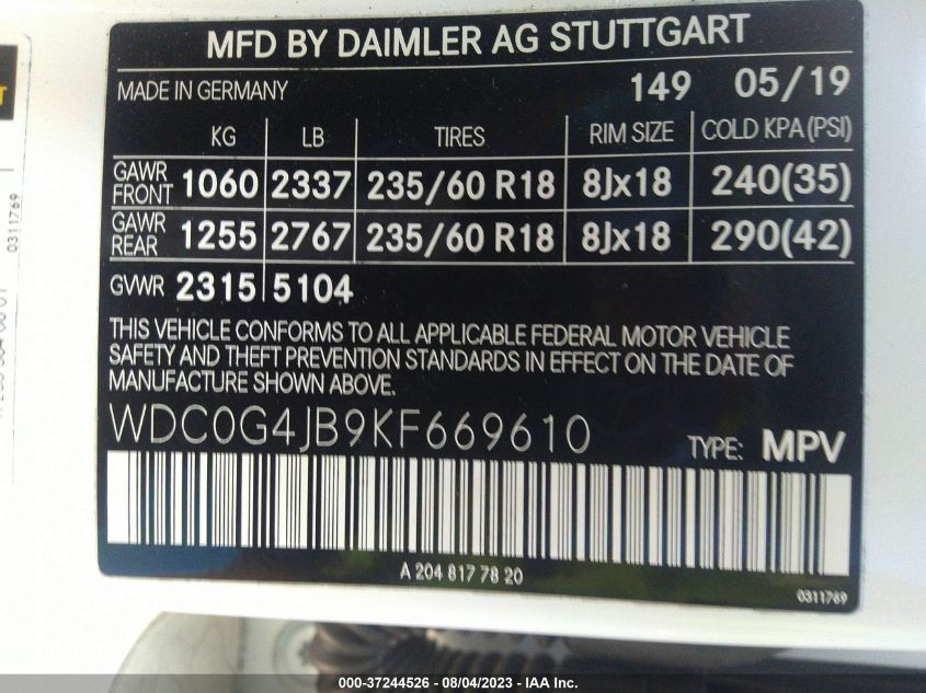 2019 MERCEDES-BENZ GLC GLC 300 - WDC0G4JB9KF669610