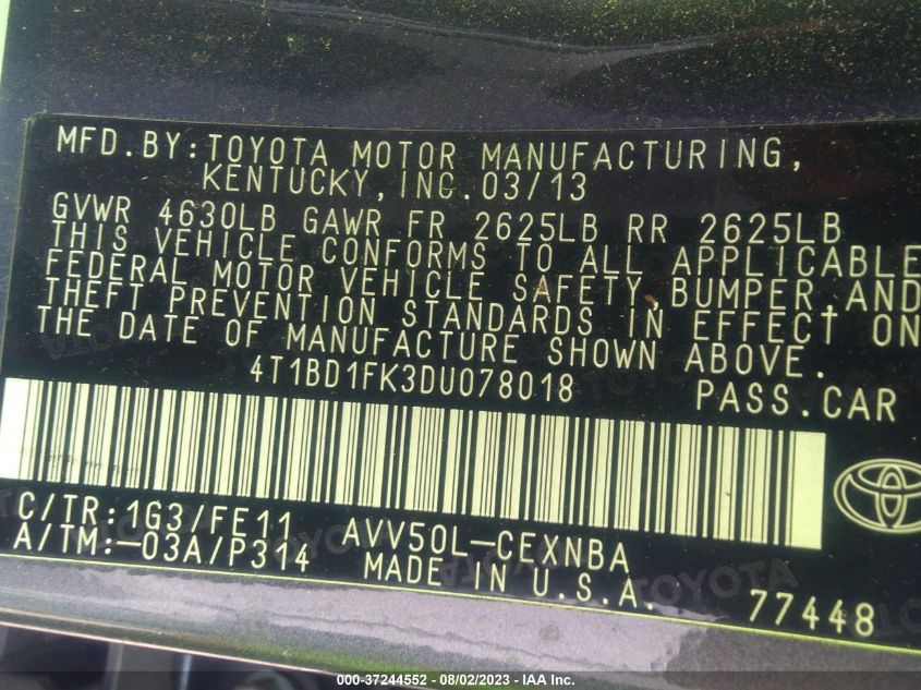 2013 TOYOTA CAMRY HYBRID LE/XLE - 4T1BD1FK3DU078018