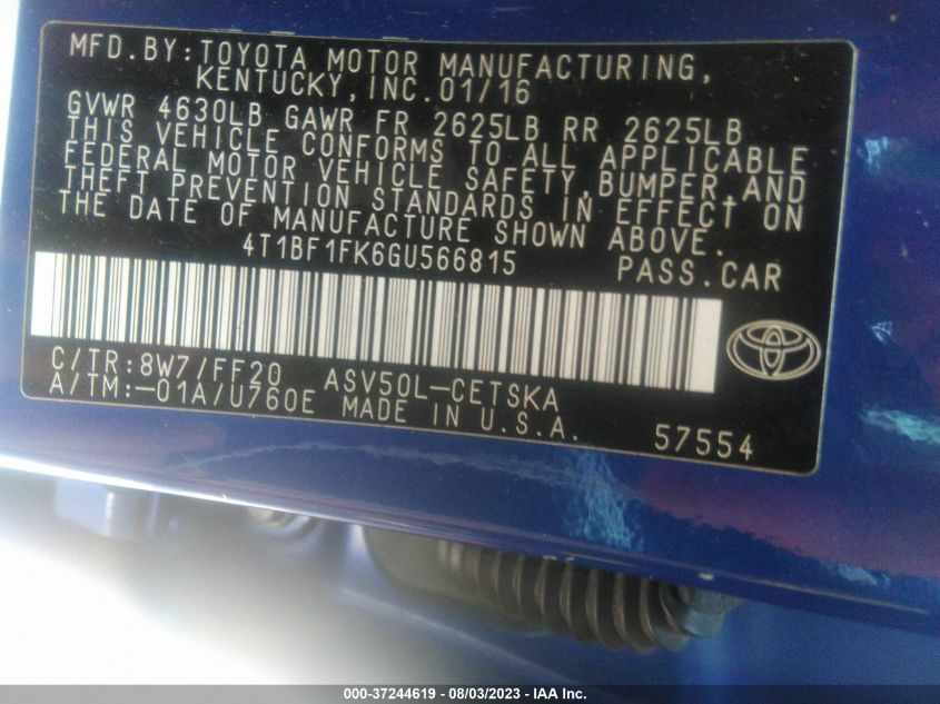 2016 TOYOTA CAMRY LE/XLE/SE/XSE - 4T1BF1FK6GU566815