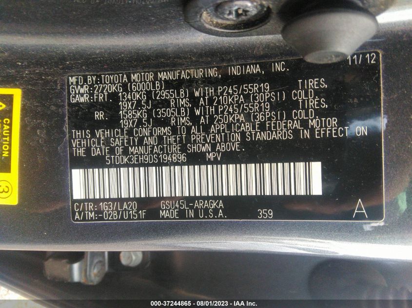 2013 TOYOTA HIGHLANDER LIMITED - 5TDDK3EH9DS194896