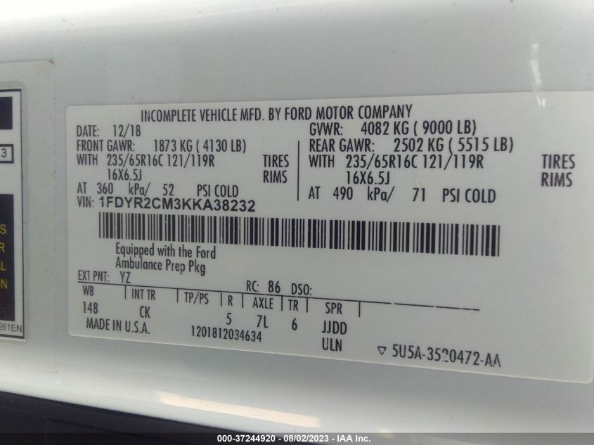 2019 FORD TRANSIT VAN - 1FDYR2CM3KKA38232