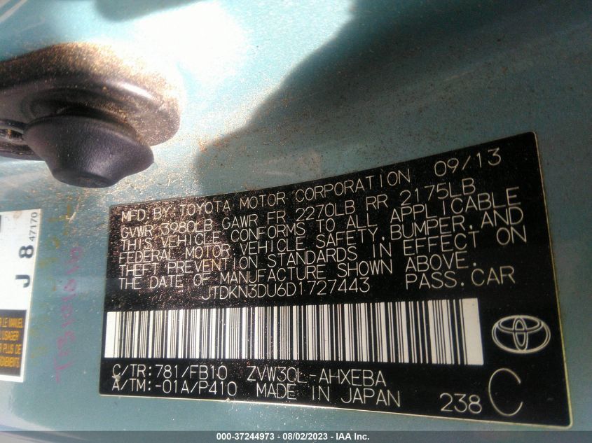 2013 TOYOTA PRIUS ONE/TWO/THREE/FOUR/FIVE - JTDKN3DU6D1727443
