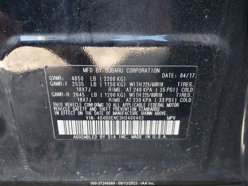 2017 SUBARU OUTBACK LIMITED - 4S4BSENC3H3400403
