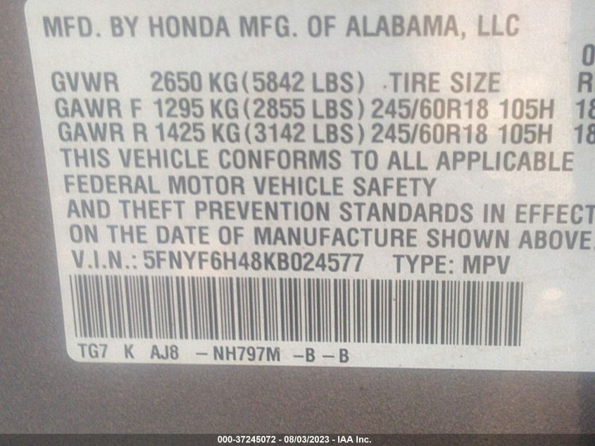 2019 HONDA PILOT EXL - 5FNYF6H48KB024577