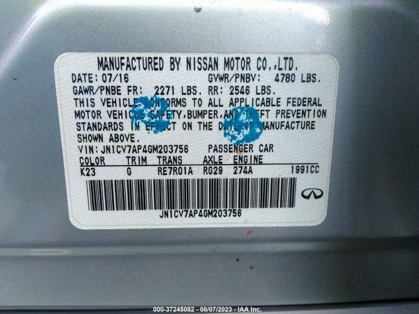 2016 INFINITI Q50 2.0T PREMIUM - JN1CV7AP4GM203756