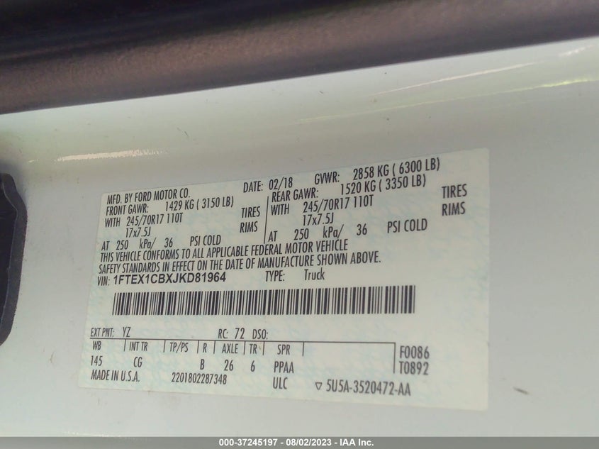 VIN 1FTEX1CBXJKD81964 2018 FORD F-150 XL