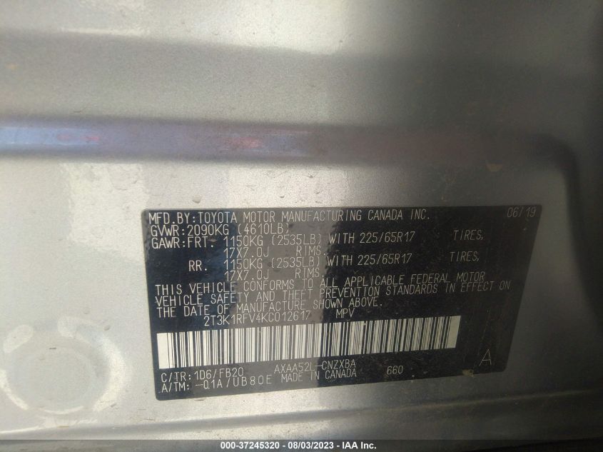 2019 TOYOTA RAV4 LE - 2T3K1RFV4KC012617