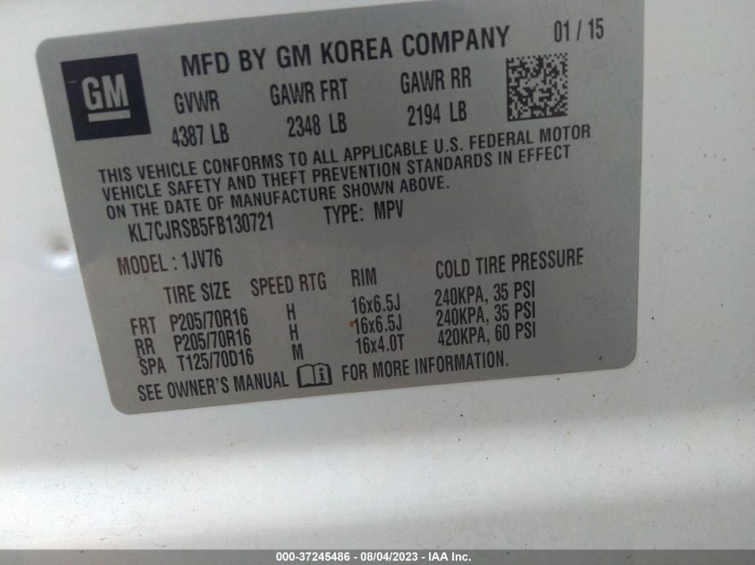 2015 CHEVROLET TRAX 1LT - KL7CJRSB5FB130721