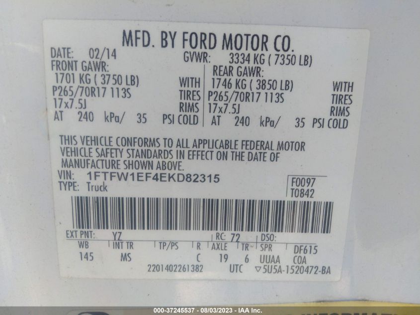 2014 FORD F-150 XL/XLT/STX/FX4/LARIAT - 1FTFW1EF4EKD82315