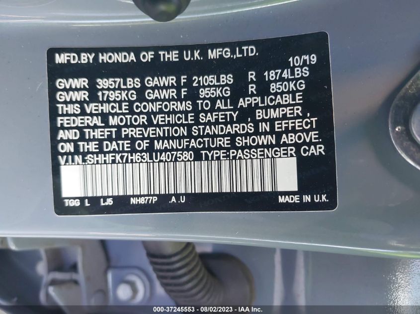 2020 HONDA CIVIC HATCHBACK EX - SHHFK7H63LU407580