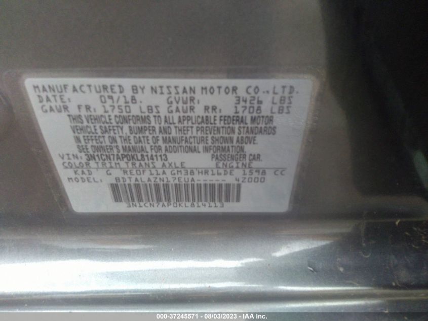 2019 NISSAN VERSA SEDAN S PLUS - 3N1CN7AP0KL814113