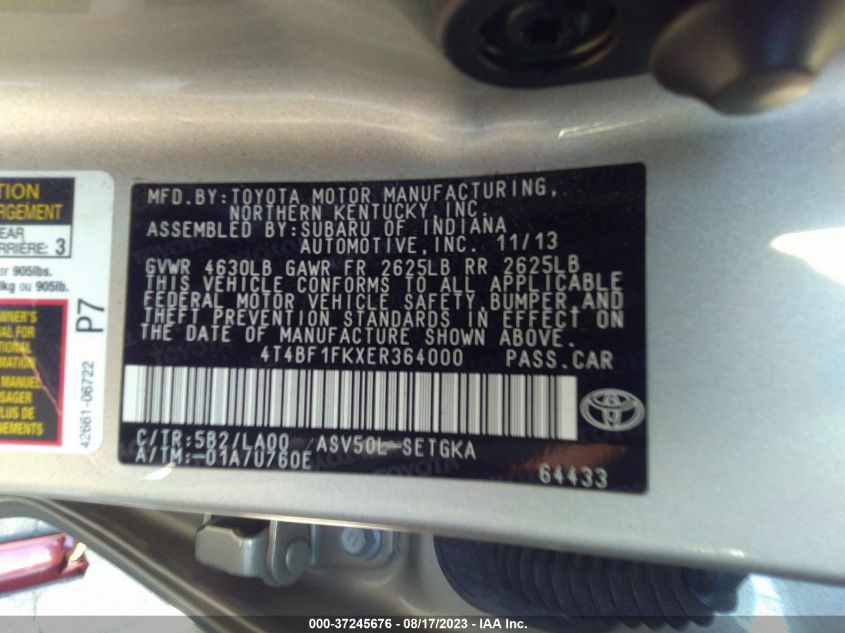 2014 TOYOTA CAMRY L/LE/XLE/SE/SE SPORT - 4T4BF1FKXER364000
