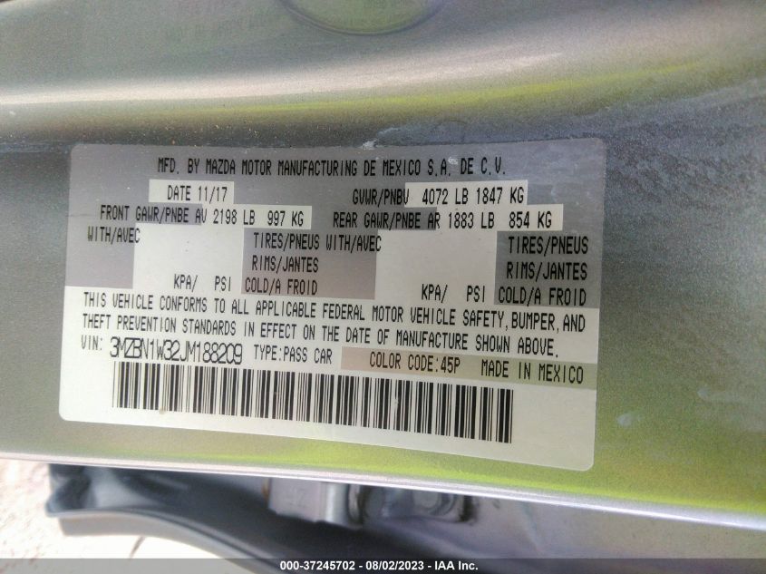 VIN 3MZBN1W32JM188209 2018 MAZDA MAZDA3 4-DOOR GRAND TOURING