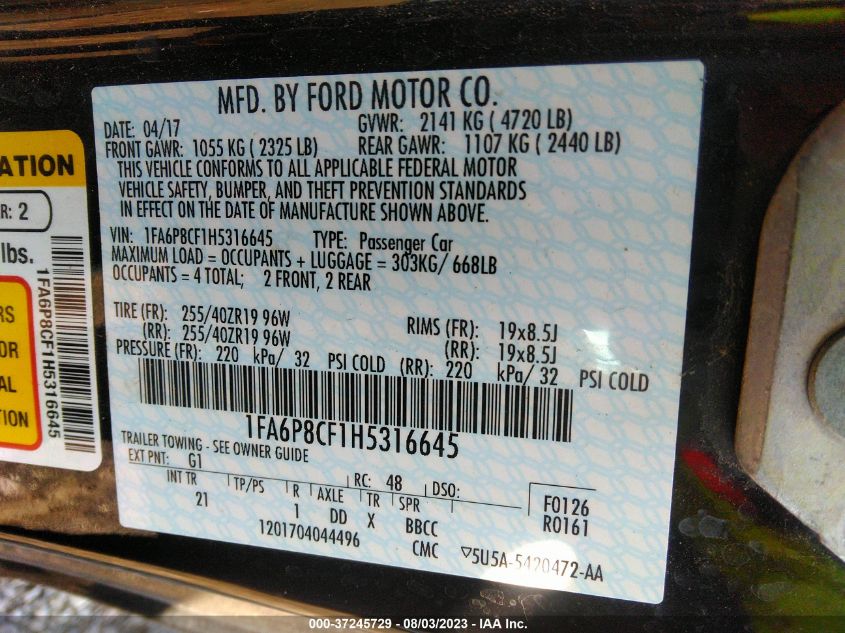 2017 FORD MUSTANG GT - 1FA6P8CF1H5316645